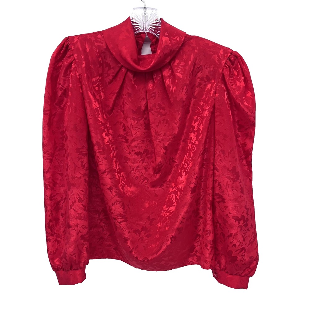 DAVID BENJAMIN Womens Sz S Vintage USA Red Floral Pattern Silky Cowl Neck Blouse